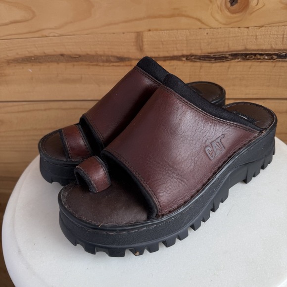 Vtg CAT Caterpillar Leather Chunky Y2K Platform Sandals Brown Sz 7 Toe Loop - Picture 2 of 8